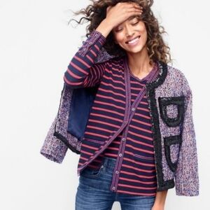J.Crew Striped Metallic Trim Cardigan Navy Red V-Neck Button Up XXS